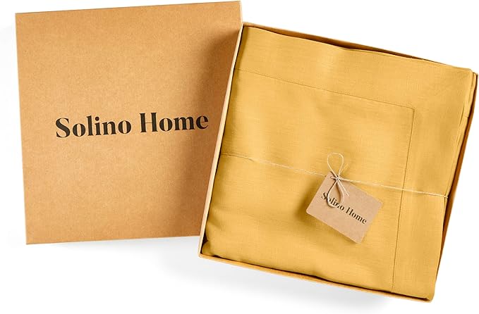 Solino Home Linen Tablecloth 60 x 90 Inch - 100% Pure Linen Mustard Yellow Table Cloth for Rectangle Tables - Fete, Machine Washable Tablecloth