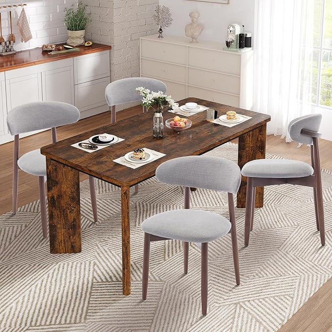 5-Piece Rectangular Dining Table Set for 4, 63" Industrial Kitchen Table with 4 Wooden Upholstered Dinner Chairs for Dining Room, Kitchen, Living Room, Brown+Light Gray