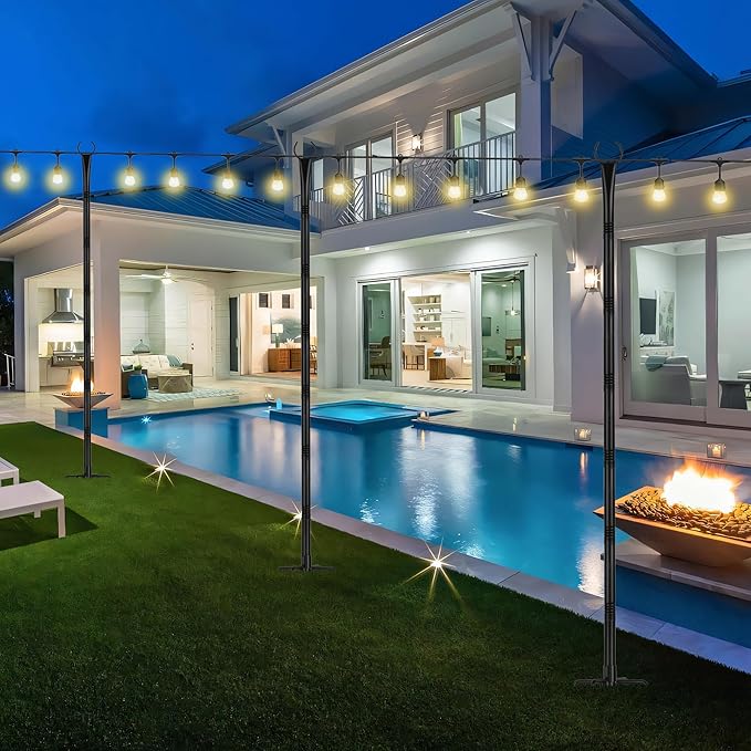 Suchtale 8.5FT Poles for String Lights with Forks, 2 Pack Metal Stands with Hooks & 5-Prong Base for Garden, Patio, Fence, Deck, Backyard, Wedding, Black, Built for Tough Environments