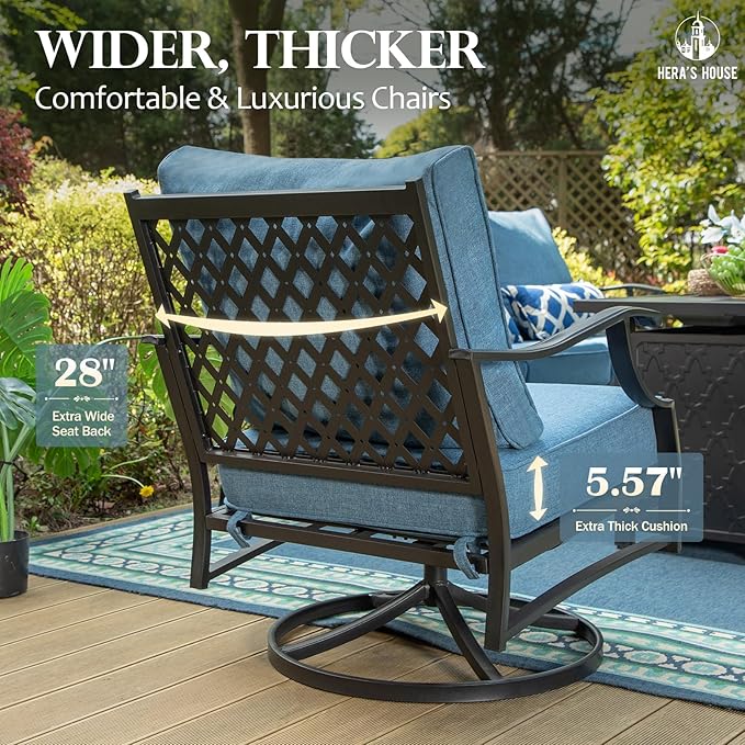 HERA'S HOUSE 6 Piece Patio Furniture Set, 2 x Swivel Chair, 2 x Fixed Chair, 1 x 3-Seat Sofa with Marbling Coffee Table, All Weather Outdoor Conversation Set for Lawn Garden Backyard, Navy Blue