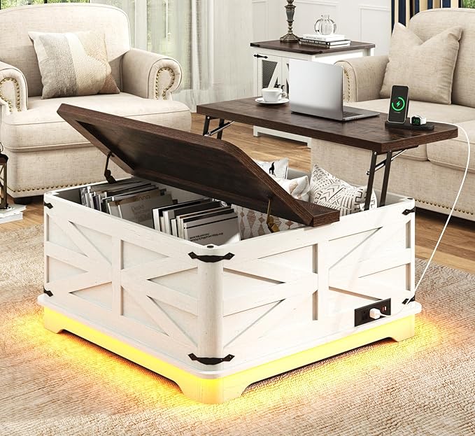 36" Farmhouse LED Lift Top Coffee Table with Storage and Power Outlets, Square Wood Living Room Tables with LED Lights & Large Hidden Space, Lift Wooden Barn Door Center Table, Rustic White