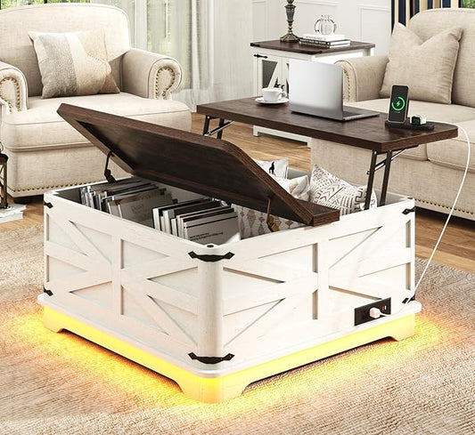 36" Farmhouse LED Lift Top Coffee Table with Storage and Power Outlets, Square Wood Living Room Tables with LED Lights & Large Hidden Space, Lift Wooden Barn Door Center Table, Rustic White