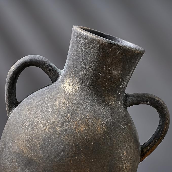 SIDUCAL Rustic Ceramic Farmhouse Flower Vase with 2 Handles, Terracotta Vase, Decorative Pottery Flower for Home Decor, Table, Wedding, Living Room, Shelf Decor, 7.3 Inch, Black Bronze