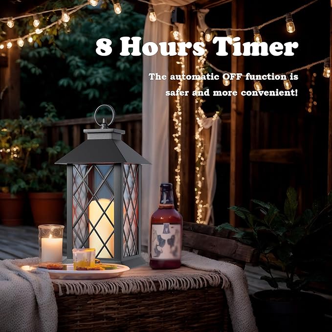 Lanterns Decorative Indoor, 14" Battery-Powered Waterproof Black LED Candle Lanterns with Timer for Patio & Outdoor, Vintage Hanging Lantern for Home & Wedding, Diamond
