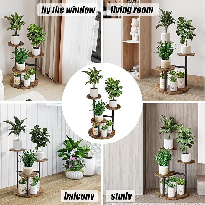 Plant Stand Indoor 4 Tier 5 Potted Multiple Flower Pot Holder for Patio Garden Balcony Living Room Corner (4 Tier Black+Rustic Brown)