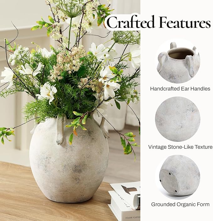 LuxenHome Vintage Ceramic Round Vase Multi Gray and White Terracotta Vaes with Handles Farmhouse Decor,Pottery Vase Living Room Decor,Large Waterpoof Vases Home Decor 11-Inch