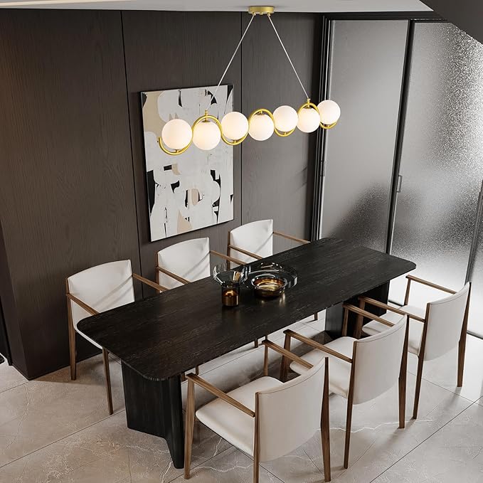 Modern Gold Chandelier 7 Light mid-Century Glass Bubble Chandeliers Globe Pendant Light Linear Dining Room Chandelier for Kitchen Island Living Room,Bedroom Room,Hallway.