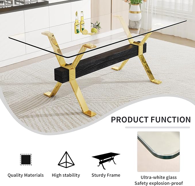 79" Glass Dining Table, Modern Kitchen Table, Modern Dining Table Set for 6, 0.5" Thick Tempered Glass Tabletop with Gold Chrome Metal Legs and Black Crossbar, Ideal for Dining Room, Kitchen
