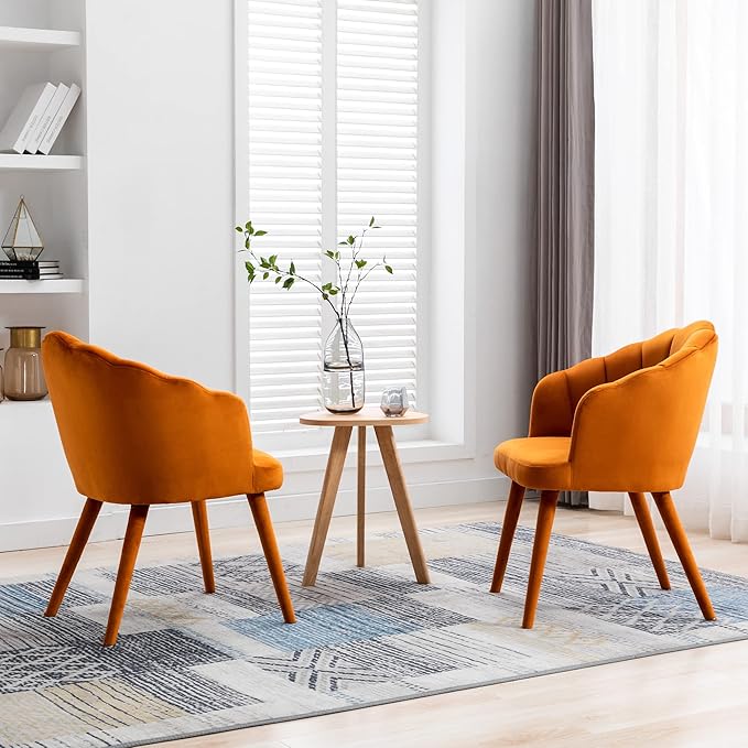 Velvet Dining Chairs Set of 2 Modern Accent Chairs Upholstery Side Chairs with Upholstered Wood Legs for Home Kitchen Living Room, Orange