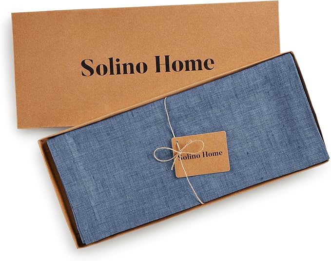 Solino Home Linen Table Runner 48 Inches - 100% Pure Linen Blue Denim Table Runner 14 x 48 Inch Ideal for Dresser and Coffee Tables - Athena