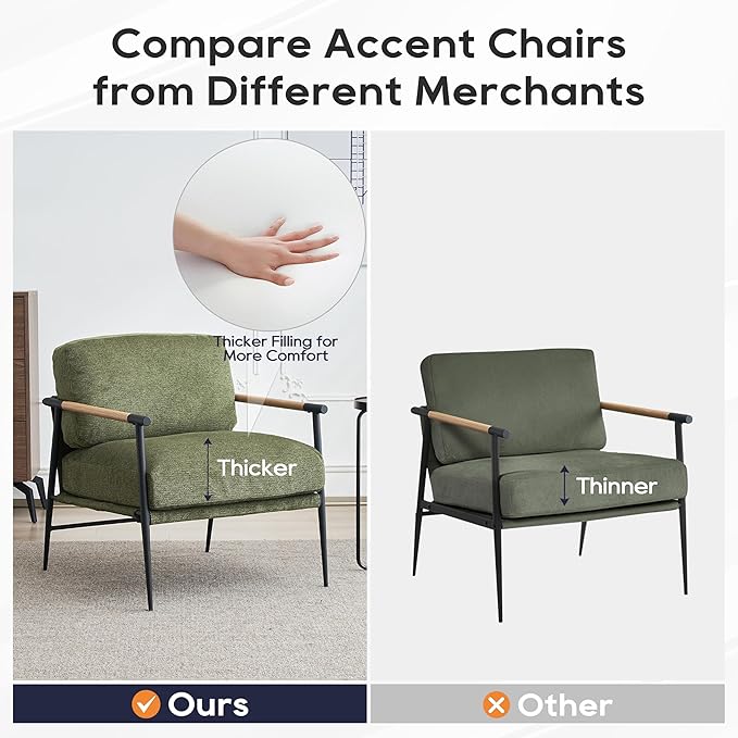 2PCS Green Accent Chair Set of 2 Chenille Mid Century Modern Armchair with Upholstered Soft Cushion for Living Room,Lounge,Bedroom,Wood-Grain Metal Armrest Legs