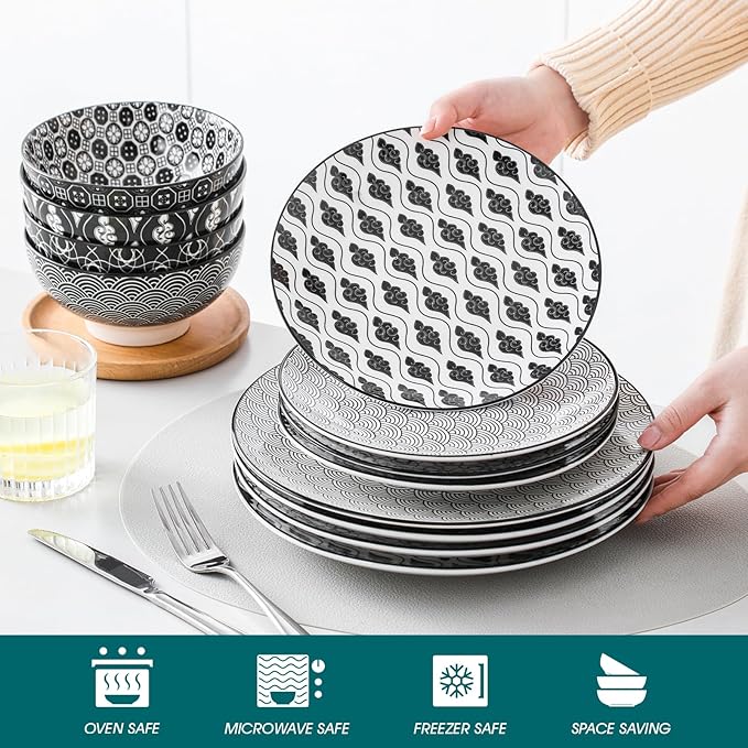 vancasso Haruka 12 Pieces Plates and Bowls Set, Ceramic Dinnerware Sets for 4, Black and White Porcelain Dishes Set
