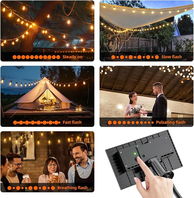 Kawaya Solar Powered String Lights for Outside: 100 FT LED Outdoor Patio Lights with USB-Charging - IP65 Waterproof Hanging Light - 50+2 Shatterproof Edison Bulbs for Bistro Cafe Camp Yard Balcony