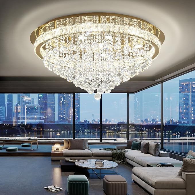 Dia 32" Modern Crystal Chandeliers for Living Room LED Dimmable Raindrop Chandelier Gold Ceiling Pendant Light with Remote Flush Mount Crystal Ceiling Light for Dining Room Bedrooms Foyer