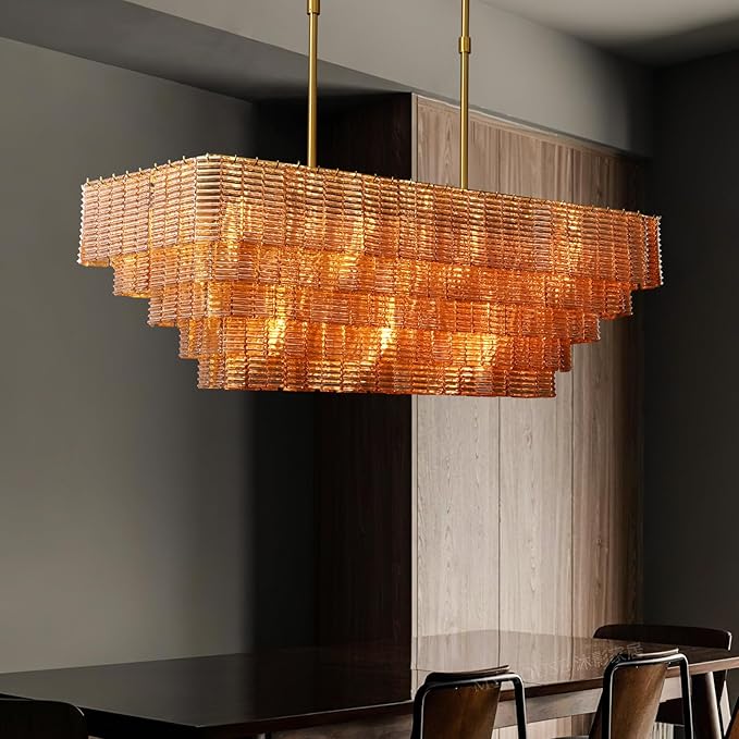 Rectangular Large Chandelier for Dining Room, 59" Amber Glass Pendant Light Fixture Over Kitchen Island, Linear Chandelier with Adjustable Height, Gold Chandeliers for Dining Table & Living Room
