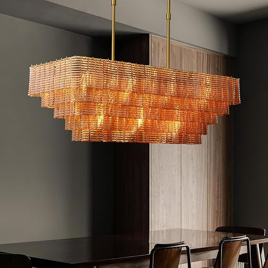 Rectangular Large Chandelier for Dining Room, 59" Amber Glass Pendant Light Fixture Over Kitchen Island, Linear Chandelier with Adjustable Height, Gold Chandeliers for Dining Table & Living Room