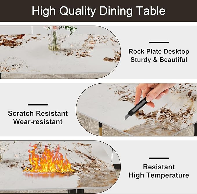 5 Pieces Modern Marble Dining Table Set, 50" Rectangular Sintered Stone Tabletop Kitchen Table with 4 PU Leather Chair Dinner Table Set for Kitchen Dining Room(Marble+4Gray Chairs)