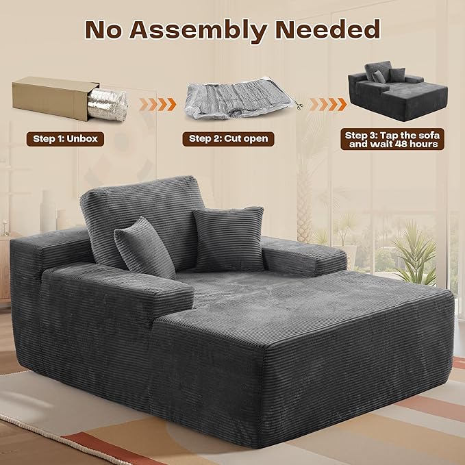 Chaise Lounge Chair Indoor, Oversized Sleeping Couch 67" L * 48.5" W Assembly Free Modern Minimalist Sofa, Extra Deep Large Single Seat Sofa for Living Room (Grey Corduroy Fabric)