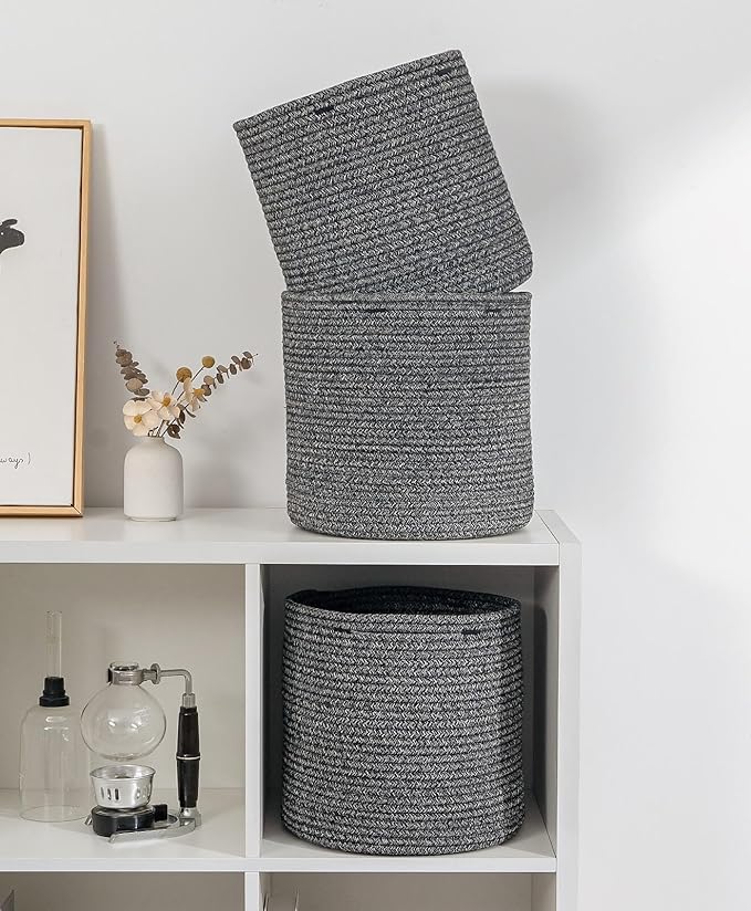 voten Storage Cubes Baskets Bins Organizer 11x11x11'' Fit 12x12''Cube Storage Organizer Bookcases Shelves,Roomy Cute Durable Woven Cotton Storage Basket for Organization,Round 3Pack Mixed Black
