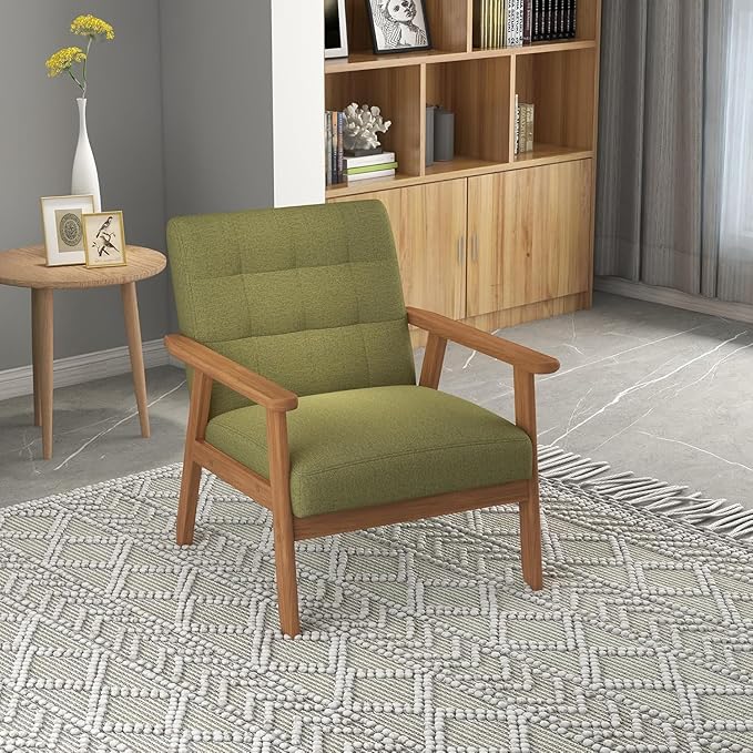 Westice Accent Chair 1PC, Mid-Century Modern Living Room Chairs with Solid Wood Frame & Soft Thicken Cushion, Upholstered Reading Arm Chair for Bedroom, Balcony, Green Linen Fabric & Natural Legs