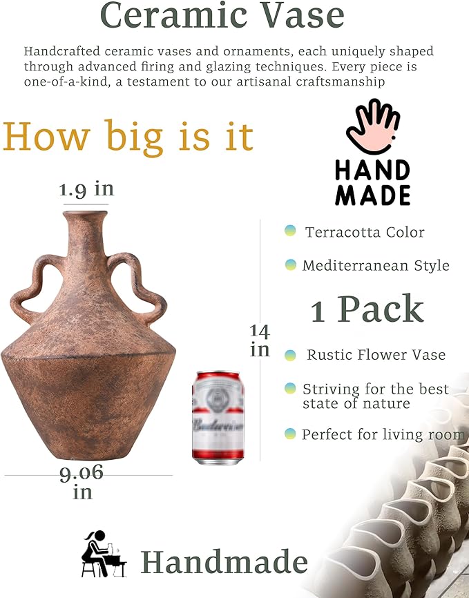 UPWOIGH 14x9.06 in Tall Vintage Ceramic Vase with Handles, Antique Terracotta Pottery Vase for Living Room Table Decor, Rustic Farmhouse Bedroom Decoration, Distressed Brown with Black Markings, Gift
