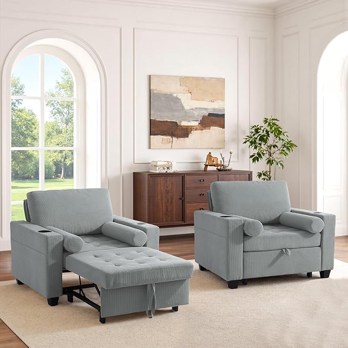 UIXE 3-in-1 Sleeper Sofa Chairs Set of 2, Pull Out Sofa Bed Convertible Reclining Seat Upholstered Armchair, Adjustable Backrest Recliner Chair with Side Pockets, Cup Holder & USB Ports - Gray