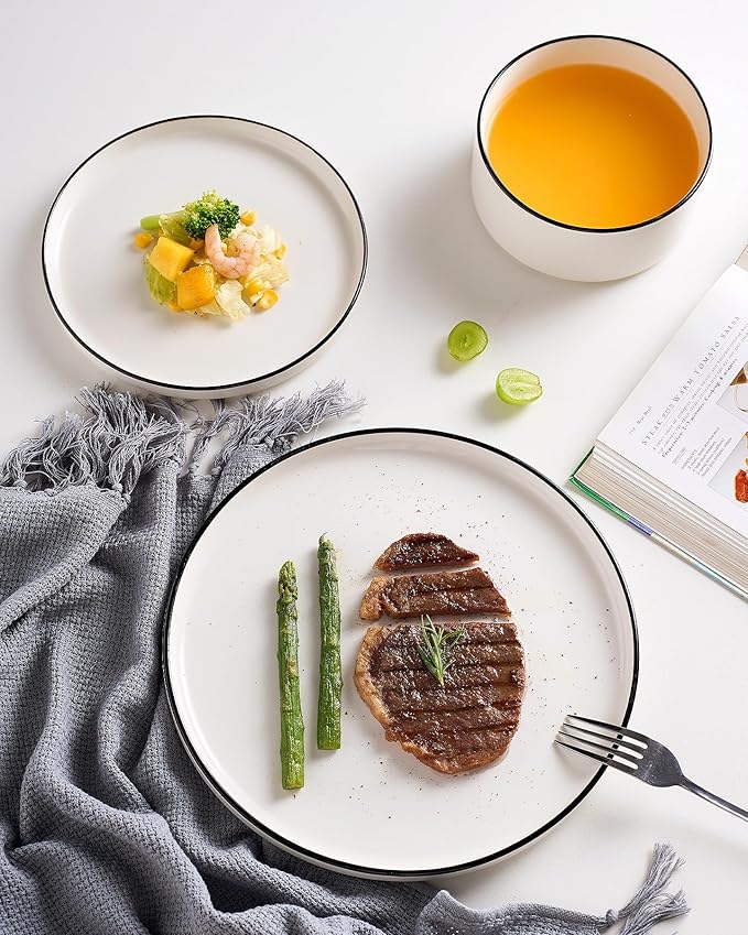 Famiware Porcelain Dinnerware Set, 24-Piece Modern Plate and Bowl Set, dish set for 8, Microwave and Dishwasher Safe Tableware, White with Black Trim