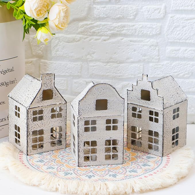 TRIROCKS Set of 3 Vintage Decorative Candle Lantern 6”H Candle Lantern Small House Metal Candle Holder Perfect for Garden Yard Patio Wedding Parties Events Indoors