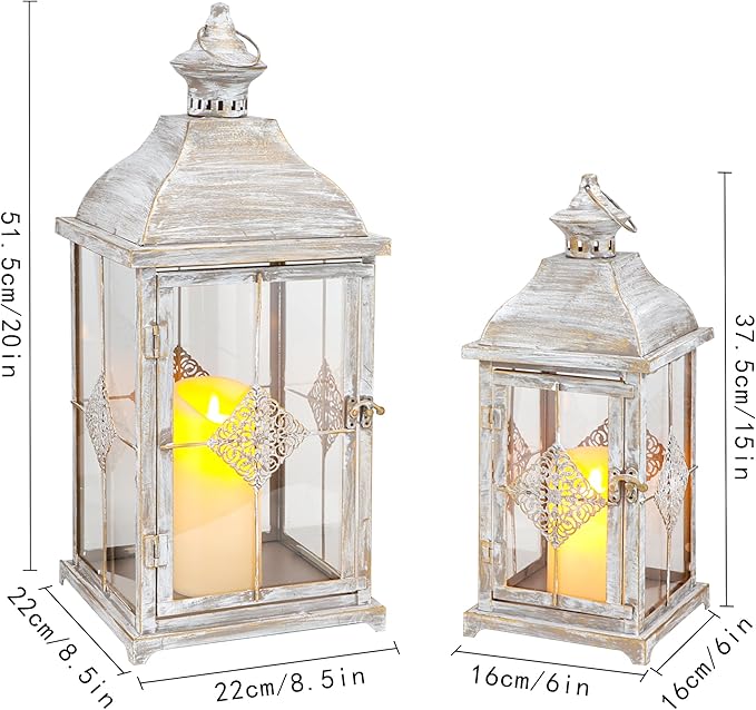 TRIROCKS 20"&15" H Decorative Candle Lantern Set of 2 Outdoor Lantern with Tempered Glass Metal Candle Holder for Porch Ideal for Country Style Gardens Home Decor Indoor Outdoor