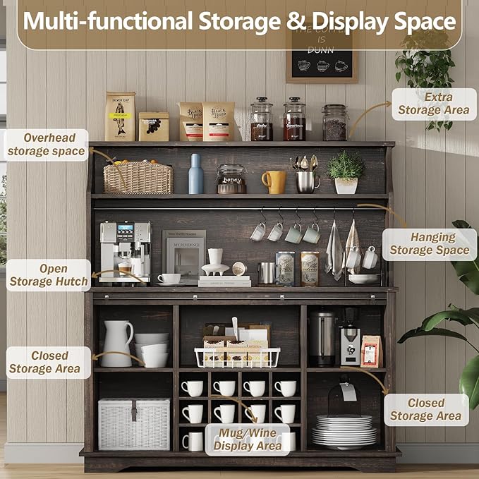 55 Inch Farmhouse Coffee Bar Cabinet with 3-Tier Storage, Kitchen Hutch with12 Wine Racks & 3 Glass Holders, Coffee Bar with 6 Hooks, Wine Bar Cabinet for Dining Living Room, Oak