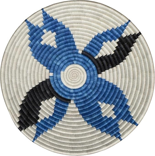 Handwoven African Basket Handmade sisal Fruit Bowl Wall Hanging decorative Baskets for Home Living Room Kitchen Centerpiece Zen Designs Arts and Crafts (Natural Blue Black, 8in diameter)