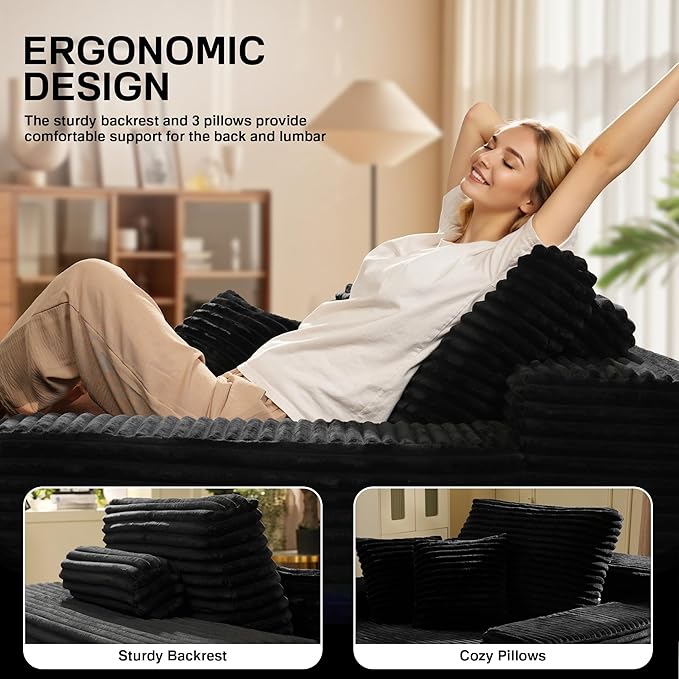 Chaise Lounge Chair Indoor, 67" Oversized Comfy Plush Fur Sleeper Sofa Bed, Boneless Upholstered Recliner Bed with Pillows and Wide Armrests, Modern Cloud Couch for Living Room, Black