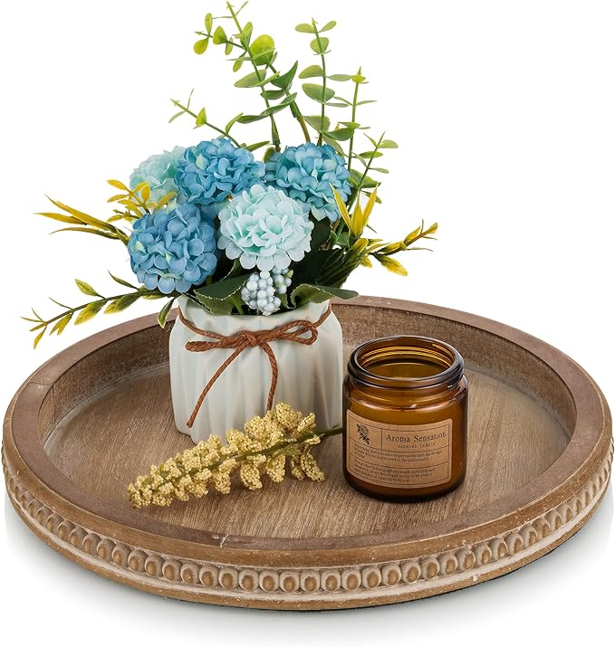 Hanobe Decorative Serving Tray Round: Brown Beaded Trays for Coffee Table Rustic Wooden Candle Holder Decor Farmhouse Vintage Centerpiece for Living Room Kitchen Counte