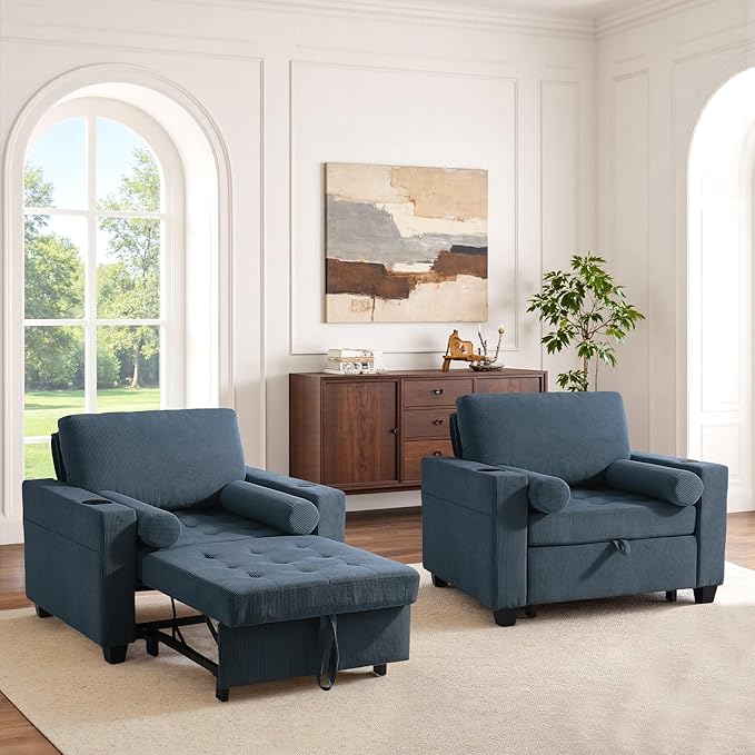 UIXE 3-in-1 Sleeper Sofa Chairs Set of 2, Pull Out Sofa Bed Convertible Reclining Seat Upholstered Armchair, Adjustable Backrest Recliner Chair with Side Pockets, Cup Holder & USB Ports - Navy Blue