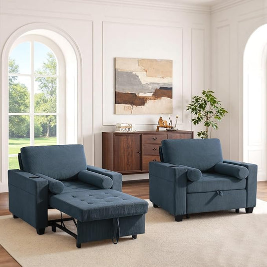 UIXE 3-in-1 Sleeper Sofa Chairs Set of 2, Pull Out Sofa Bed Convertible Reclining Seat Upholstered Armchair, Adjustable Backrest Recliner Chair with Side Pockets, Cup Holder & USB Ports - Navy Blue