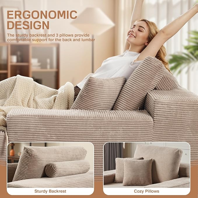 Chaise Lounge Chair Indoor, 67" Oversized Comfy Corduroy Sleeper Sofa Bed, Boneless Upholstered Recliner Bed with Pillows and Wide Armrests, Modern Cloud Couch for Living Room, Camel