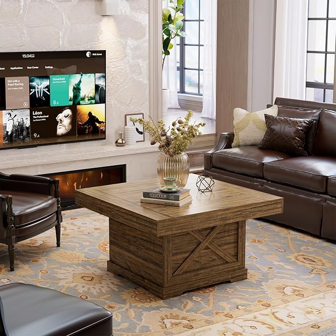 Coffee Table 31.5 in Rustic Center Table with X Design Wooden Pedestal for Living Room, Easy Assembly Small Square Home Office Tea Accent Table for Dining Room Apartment, Walnut