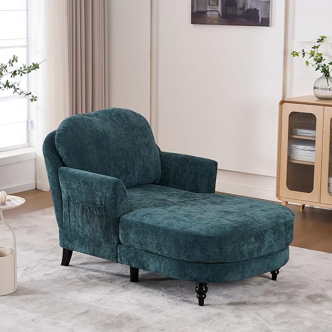 Chaise Lounge Chair Indoor, 59.8" Oversized Couch Reading Chairs, Chenille Comfortable Deep Sleeping Single Sofa, Upholstered Modern Couch Sofa Bed for Living Room, Bedroom & Apartment (Blue)