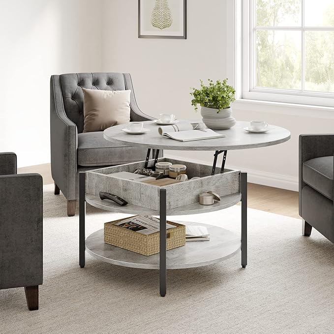 FABATO Round Lift Top Coffee Table, 35.43" Circle Coffee Table with Storage for Living Room Reception Room, Farmhouse 2 Tier Large Round Dining Table, Wood, Gray