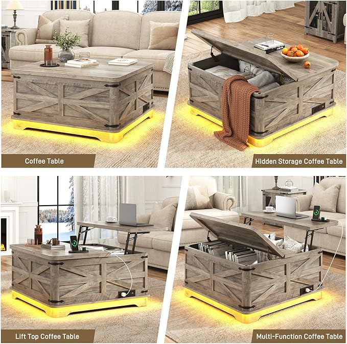36" Farmhouse LED Lift Top Coffee Table with Storage and Power Outlets, Square Wood Living Room Tables with LED Lights & Large Hidden Space, Lift Wooden Barn Door Center Table, Grey