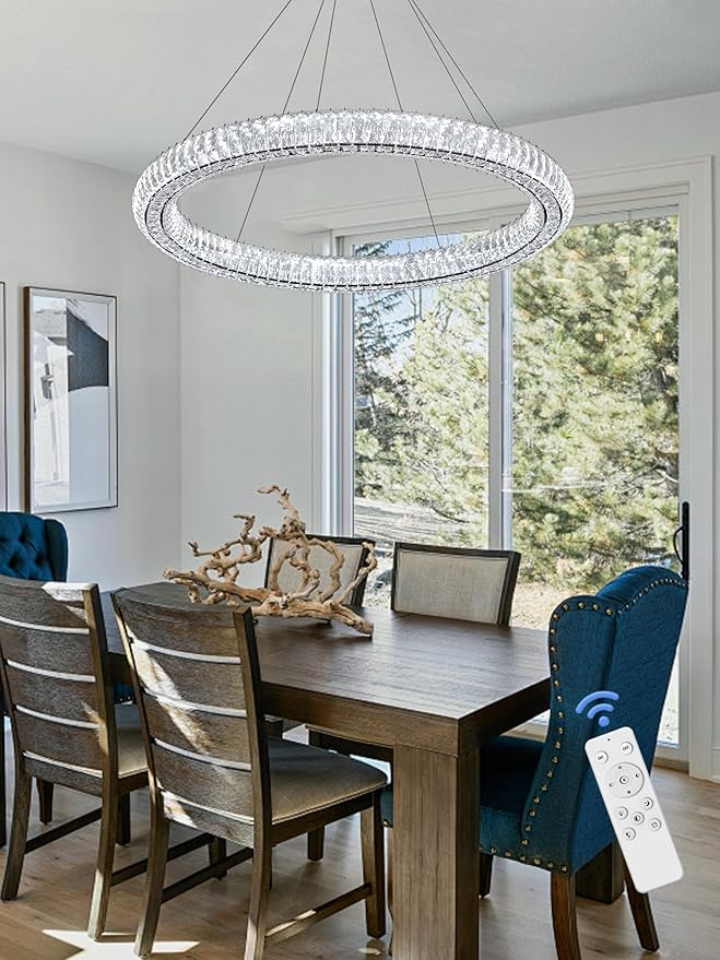 Dimmable LED 31.5" Ring Chandelier Adjustable Black Round Crystal Chandelier for Dining Room Living Room