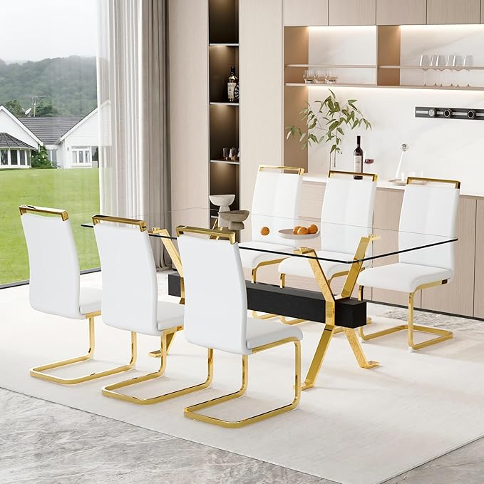 7 Piece Glass Dining Table Set, 79" Modern Dining Table Set for 6, 0.5" Thick Tempered Glass Tabletop with Gold Chrome Metal Legs and Black Crossbar, 6 PU Chairs for Dining Room, Kitchen