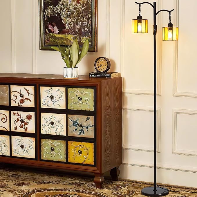 Vintage Dimmable Floor Lamp, Tiffany Standing Lamp with 2 Stained Glass Shades, Rustic Farmhouse Floor Lamp with Black Finish for Living Room Bedroom