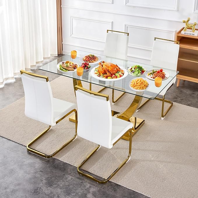 63” Glass Dining Table Set for 4,Gold Dining Room Table Set for 4,Modern Kitchen Table and PU Leather Chairs for 4, Dinner Table with Rectangle Tempered Glass Top and Golden Base