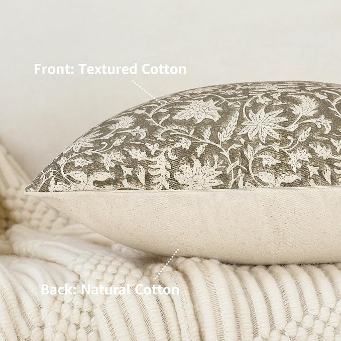 Floral Throw Pillow Covers 20x20 Farmhouse Block Print Pillow Covers Decorative Pillow Covers Couch Pillows for Living Room Vintage Accent Sofa Pillows Set of 2, Olive Green