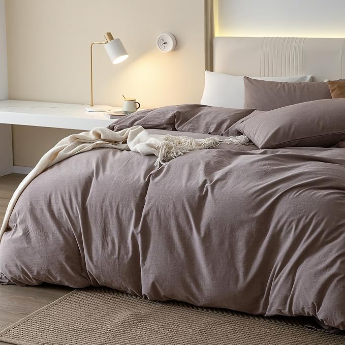 JIYUAN 100% Washed Cotton Duvet Cover Set 3 Pieces Alaska King, 1 Duvet Cover 132x120 Inches(Comforter Not Included) and 2 Pillowcases,Linen Like Comfy and Breathable,Heathered Mauve Brown