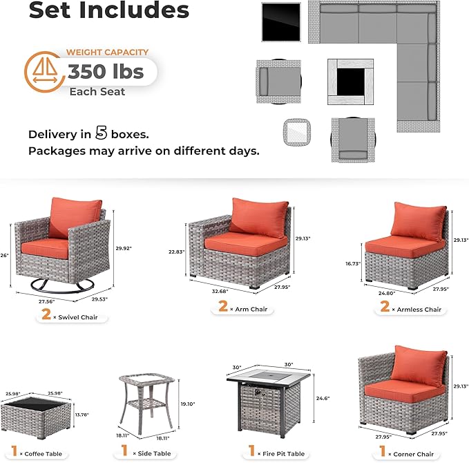 ovios 10 Pieces Patio Furniture Set, Outdoor Wicker Sectional Sofa with 30" Fire Pit Table Swivel Chairs, Modern Modular Deep Seat Rattan Couch Conversation Sets, Orange Red