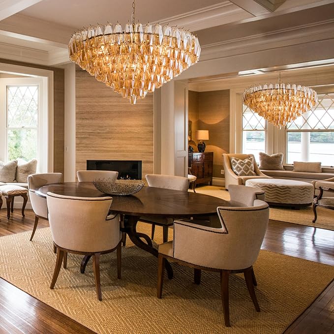 37" Extra Large Chandelier, 14-Light Gold Modern Round Chandelier for Living Room, Tiered Smoke Blown Glass Brass Chandeliers, Hanging Light Fixture for Bedroom, Dining Room, Foyer, Entryway