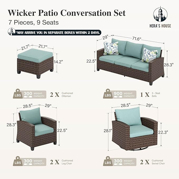 HERA'S HOUSE Patio Furniture Set with Swivel Glide Chairs, Outdoor Sectional Sofa Set, 7 Pieces Patio Conversation Sets for Lawn Backyard Deck, Brown/Blue