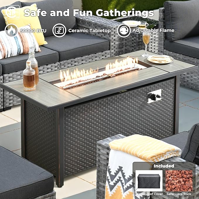 ovios 10 Pieces Patio Furniture Set, Outdoor Wicker Sectional Sofa with 54" Fire Pit Table Swivel Chairs, Modern Modular Deep Seat Rattan Couch Conversation Sets, Black